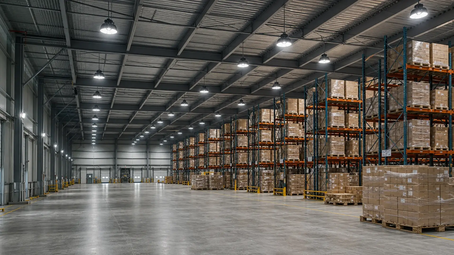 Industrial LED high bay lights in a manufacturing facility